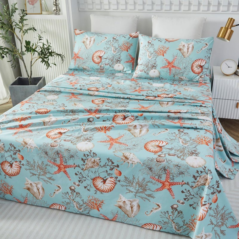 Brandream Luxury Nautical Bedding Queen Size Sheets Set Egyptian Cotton Coastal Beach Bed Sheet Set Deep Pockets 18 Inch 4-Piece Bed Sheets - Image 1